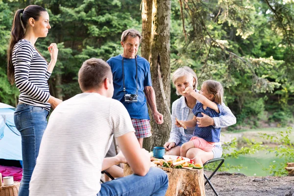 Piękny rodzinny camping w lesie, jeść razem. — Zdjęcie stockowe