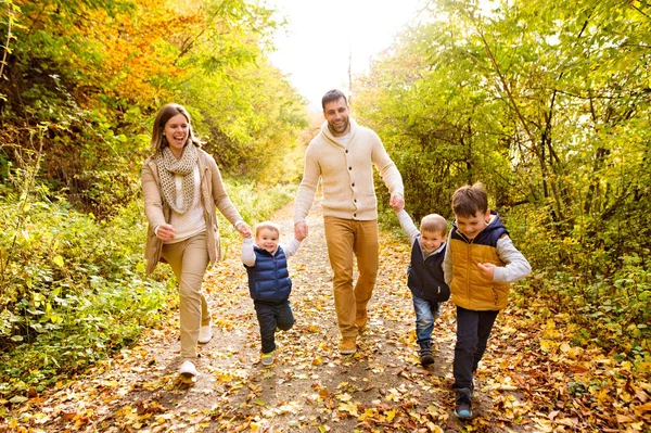 Beautiful young family on a walk in autumn forest. — Stock Photo, Image