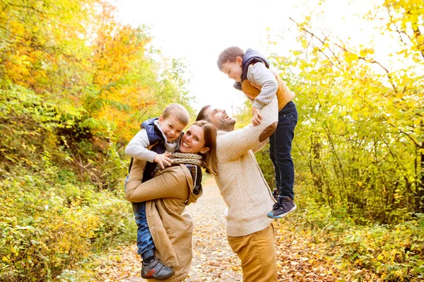 Güzel genç aile sonbahar ormandaki bir yolda. — Stok fotoğraf