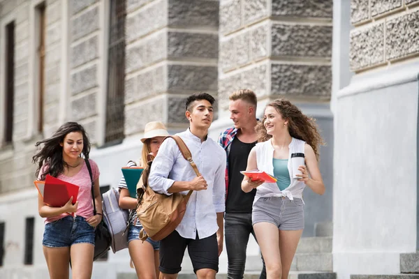 Group of attractive teenage students walking to university. — Stock Photo, Image