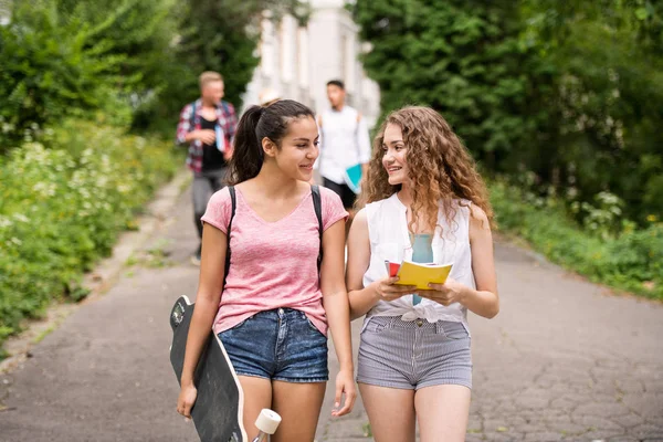 Grupo de estudiantes adolescentes atractivos caminando desde la universidad . —  Fotos de Stock