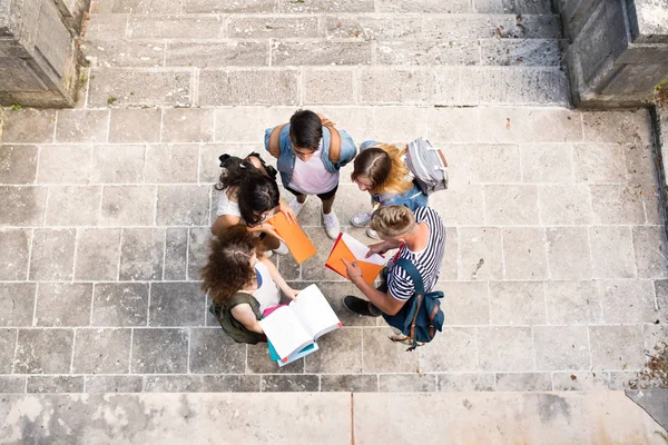 Teenage students on the stone steps in front of university. — Stock Photo, Image