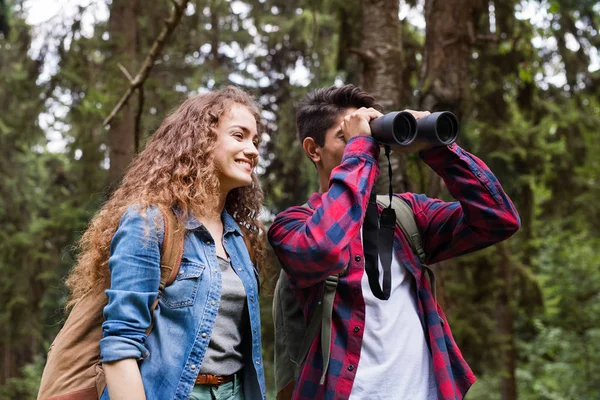 10 代のカップルは、森林でのハイキングします。夏の休暇. — ストック写真