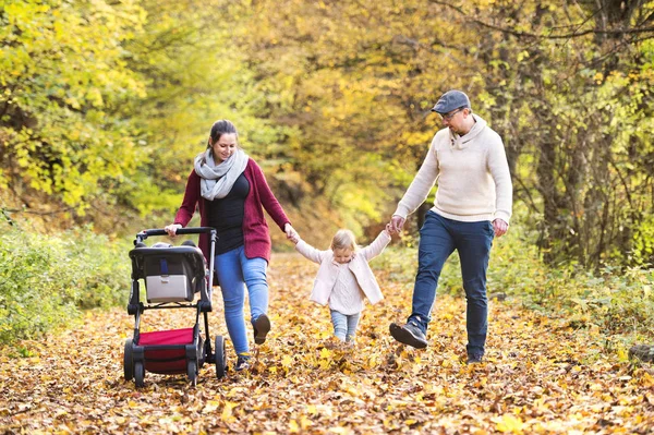 Mooie jonge gezin op een wandeling in de herfst bos. — Stockfoto