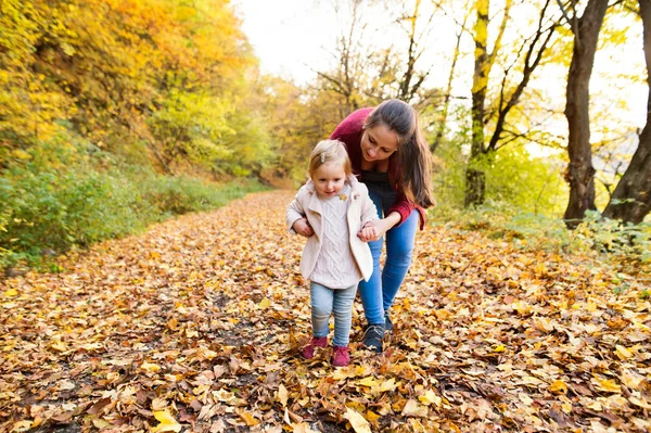 Moeder en dochter op een wandeling in de herfst bos. — Stockfoto