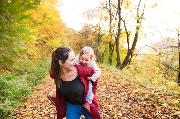 母亲和女儿在秋天的树林散步. — 图库照片