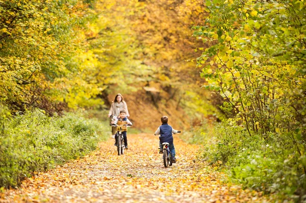 母亲带着小儿子在秋天公园骑自行车. — 图库照片
