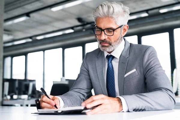 Mature businessman in gray suit in the office. — Stock Photo, Image