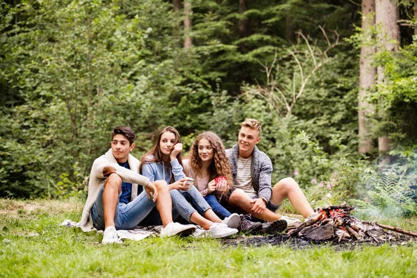 Kamperen in de natuur, zitten aan vreugdevuur tieners. — Stockfoto