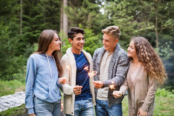 Belos adolescentes na floresta com faíscas . — Fotografia de Stock