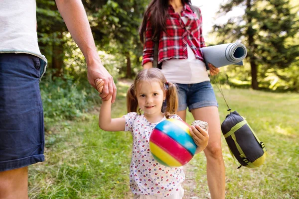 Bella giovane famiglia con figlia campeggio nella foresta . — Foto Stock