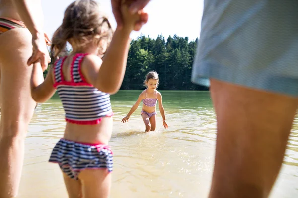 Маленькие девочки с озером. Солнечное лето . — стоковое фото