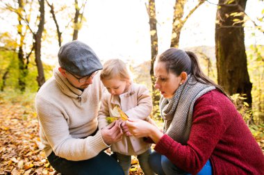 Güzel genç aile sonbahar ormandaki bir yolda.
