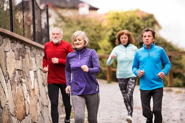 Groep van senioren die buiten lopen in de oude stad. — Stockfoto