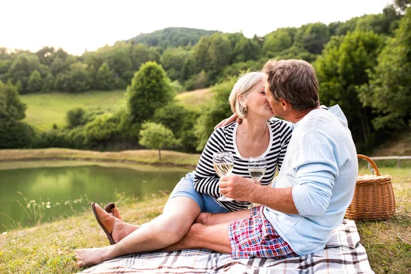 年长的夫妇在湖野餐 — 图库照片