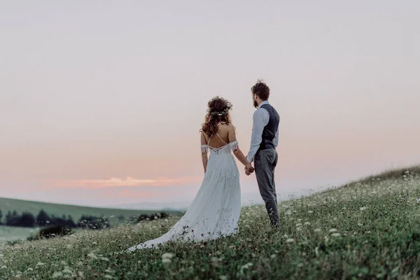 Güzel gelin ve damat yeşil doğa gün batımında. — Stok fotoğraf