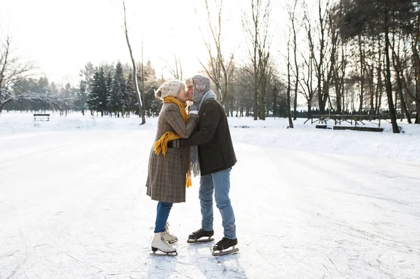 Äldre par i soliga vintern natur skridskoåkning. — Stockfoto
