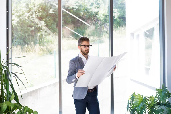 Jonge zakenman in zijn kantoor studeren plannen. — Stockfoto