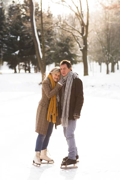 Ανώτερος ζευγάρι στην ηλιόλουστη χειμωνιάτικη φύση πάγου πατινάζ, αγκαλιάζει. — Φωτογραφία Αρχείου