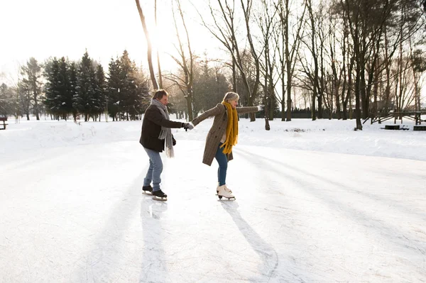 Pareja mayor en invierno soleado naturaleza patinaje sobre hielo . — Foto de Stock