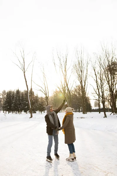 在阳光灿烂的冬天自然溜冰的年长夫妇. — 图库照片