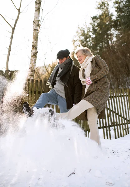 Piękna para starszy na spacer słoneczny zimowy dzień — Zdjęcie stockowe