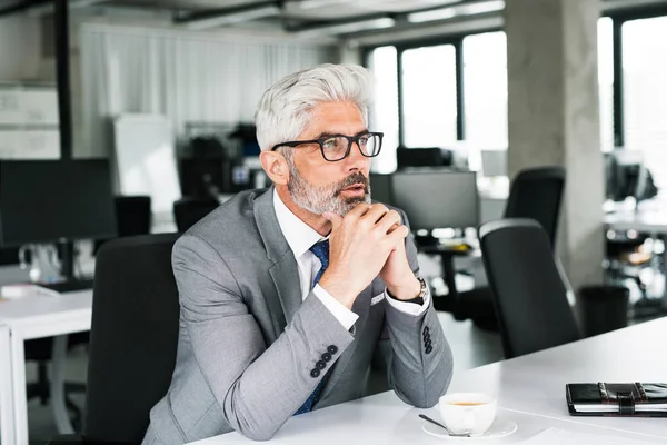 Rijpe zakenman in grijs pak in het kantoor. — Stockfoto