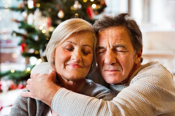 Casal sênior na frente da árvore de Natal, close-up . — Fotografia de Stock