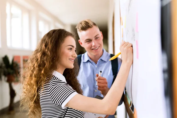 Attraktiva teenage student par i gymnasiet hall. — Stockfoto