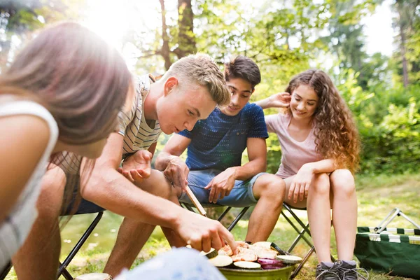 Teenagers camping, cooking vegetables on barbecue grill. — Stock Photo, Image