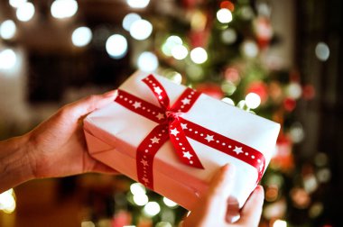 Noel hediyesi tutarak ağacı önünde tanınmayan kadın