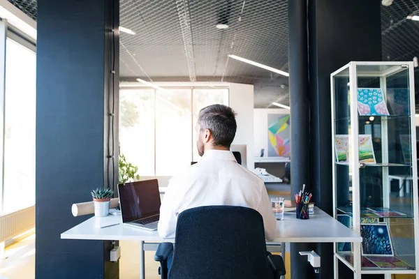 Zakenman aan de balie met laptop in zijn kantoor. — Stockfoto