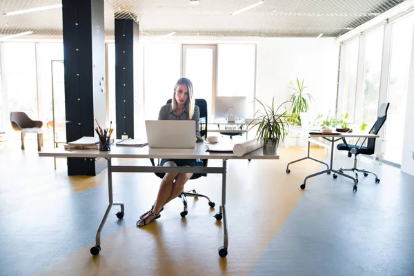 Pengusaha wanita dengan laptop di kantornya di meja, bekerja . — Stok Foto