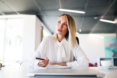 İşkadını ofisinde dizüstü bilgisayar ile masada.