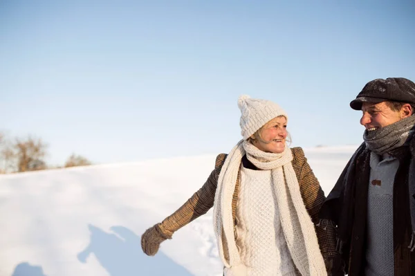 Красива старша пара в сонячній зимовій природі . — стокове фото