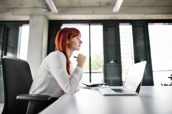 Zakenvrouw met laptop in haar kantoor. — Stockfoto