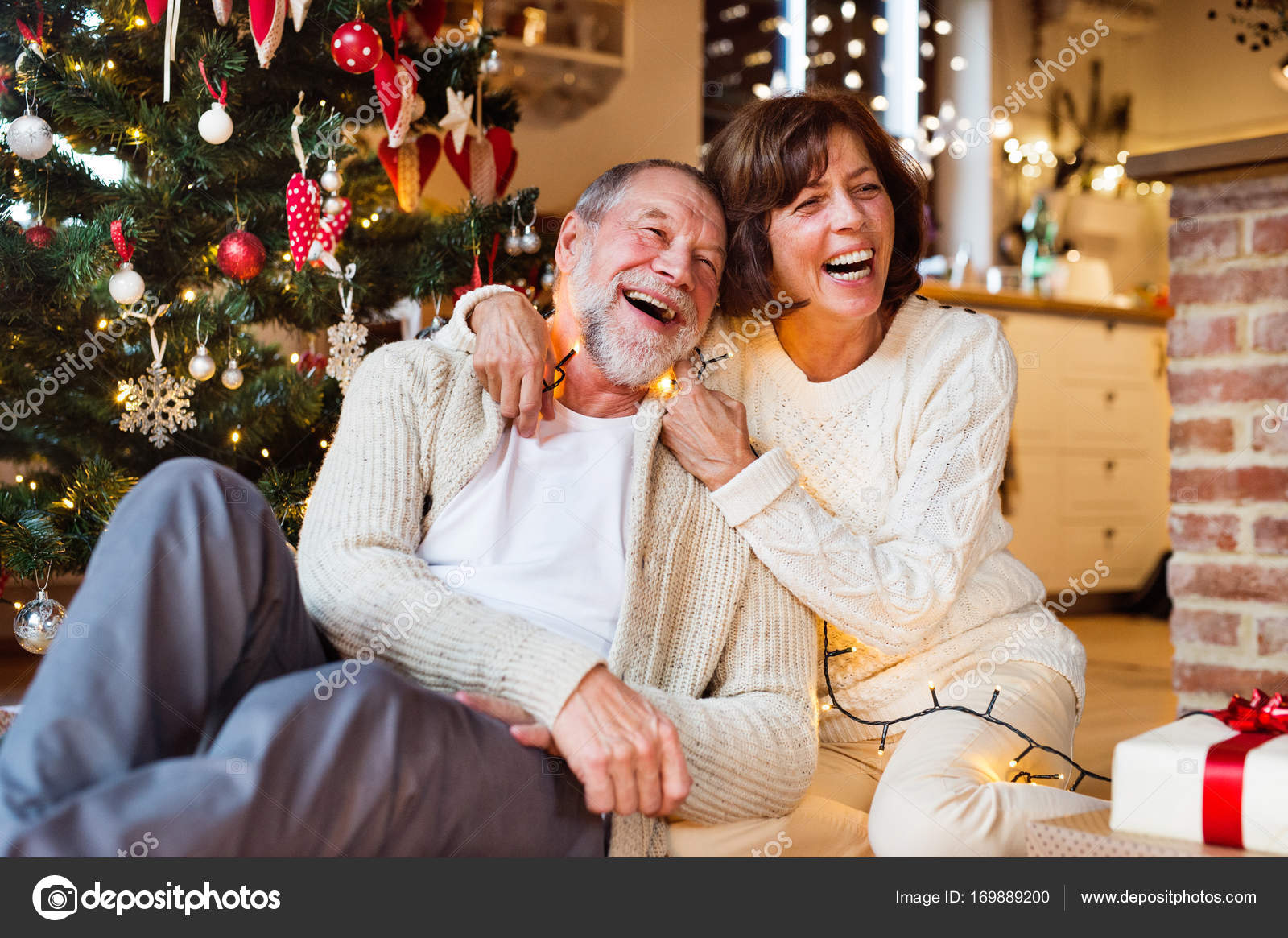 プレゼントでクリスマス ツリーの前に年配のカップル ストック写真 C Halfpoint プレゼントでクリスマス ツリーの前に年配のカップル ストック写真 C Halfpoint