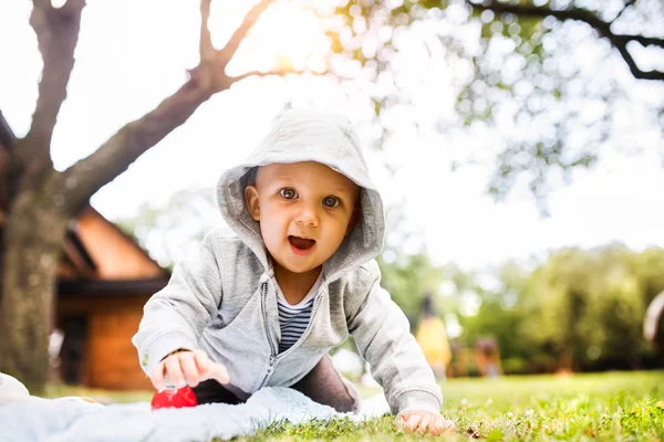 Jongetje op het gras in de tuin. — Stockfoto