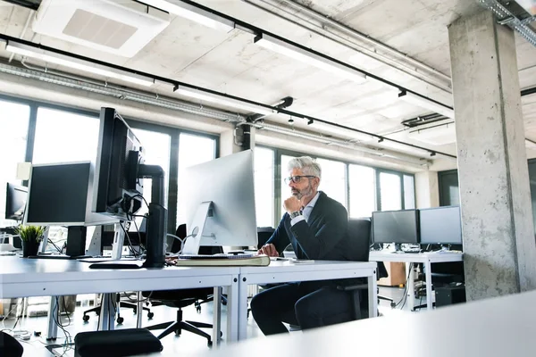 Rijpe zakenman in grijs pak in het kantoor. — Stockfoto