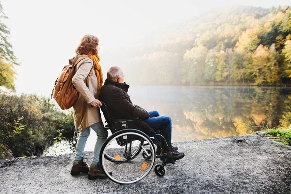 Старшая пара с инвалидной коляской в осенней природе . — стоковое фото