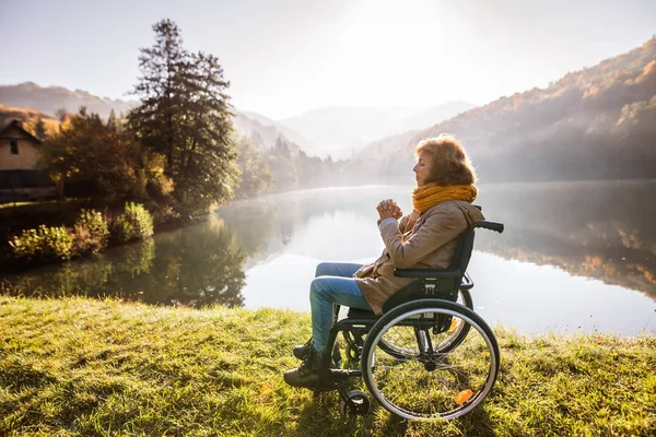 Seniorin im Rollstuhl in der herbstlichen Natur. — Stockfoto