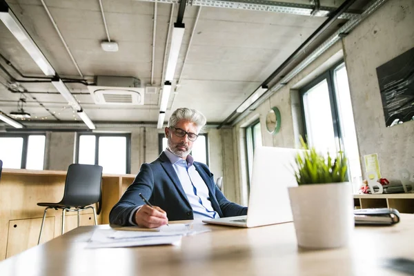 Rijpe zakenman met laptop in het kantoor. — Stockfoto