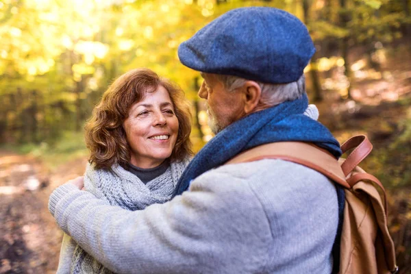 Pareja mayor en un paseo en el bosque de otoño . — Foto de Stock