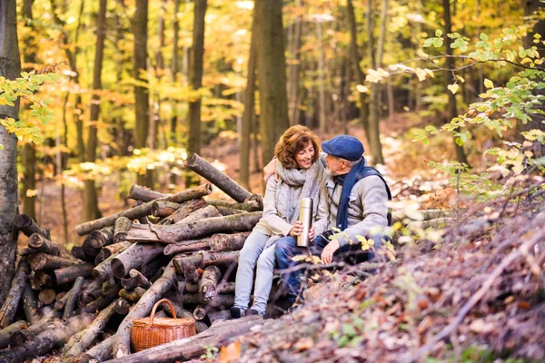 Äldre par på en promenad i höst skog. — Stockfoto