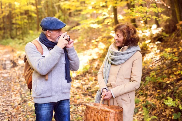 Vedoucí pár na procházku v podzimním lese. — Stock fotografie