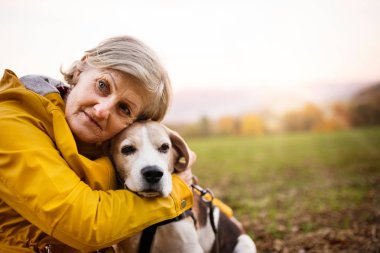 Bir sonbahar doğada yürüyüşe köpek ile kadın kıdemli.