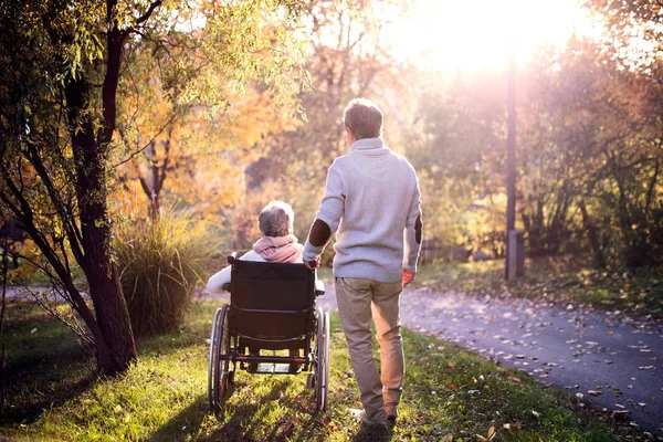 Senior homem e mulher em cadeira de rodas no outono natureza . — Fotografia de Stock