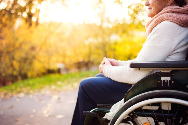 Eine ältere Frau im Rollstuhl in der herbstlichen Natur. — Stockfoto