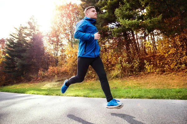 Young athlete running in park in colorful autumn nature. — Stock Photo, Image