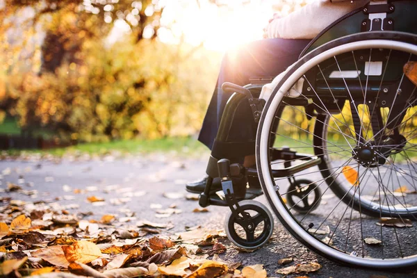 Starsza kobieta na wózku inwalidzkim w jesień natura. — Zdjęcie stockowe
